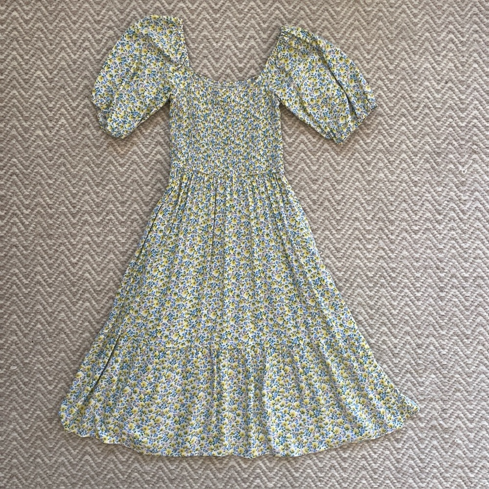 Suzy Shier Blue/Yellow Floral Print Square Neck Puff Sleeve Tiered Midi Dress XS